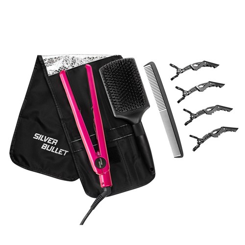 heat resistant storage pouch, cushioned paddle brush, styling comb and 4 sectioning clips