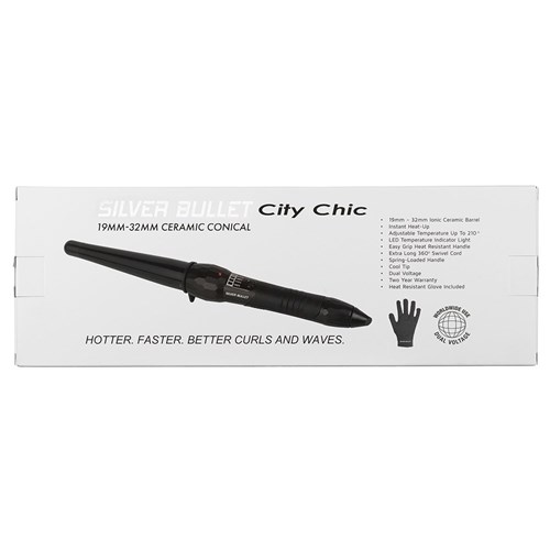 Silver Bullet City Chic Large Ceramic Conical Curling Iron Back of Box